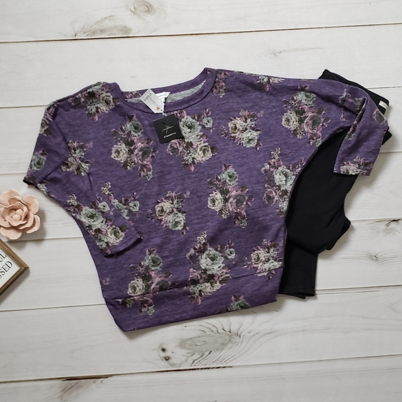Purple Floral Dolman Long Sleeve Top - Picture 1 of 3